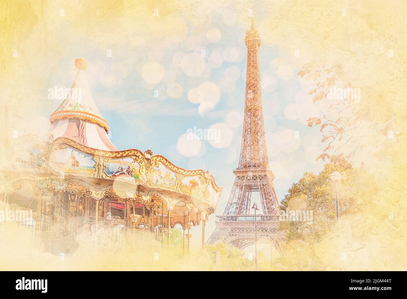 Carrousel et Tour Eiffel à Paris - Illustration effet aquarelle Banque D'Images