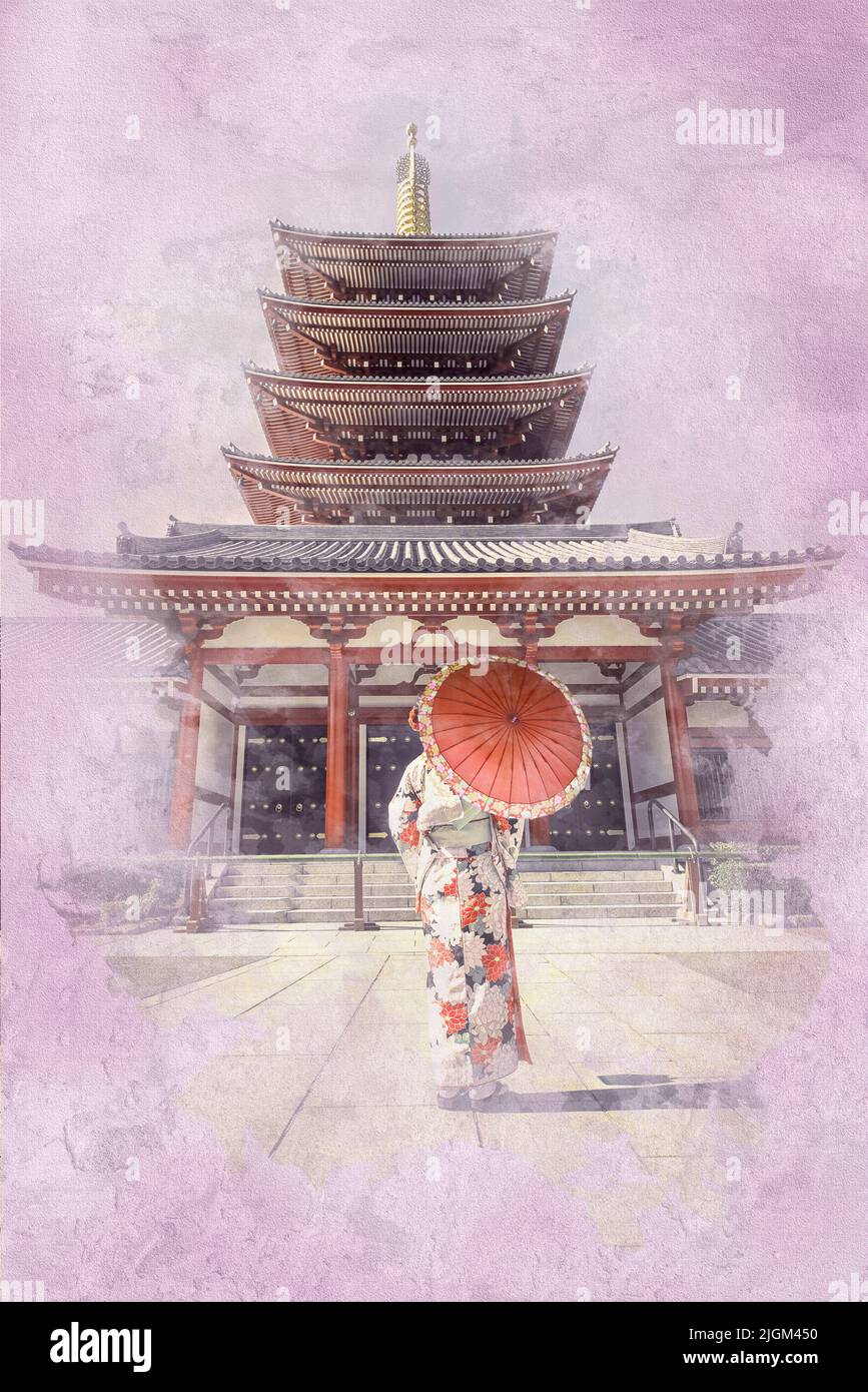 Fille à la robe traditionnelle dans le temple Senso-Ji à Asakusa, Tokyo - illustration d'effet aquarelle Banque D'Images