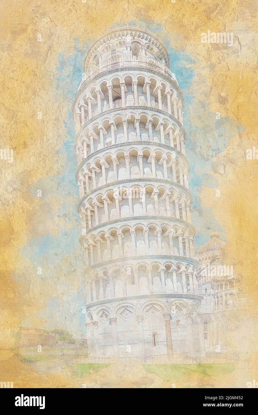 La Tour penchée de Pise, Italie - Illustration de l'effet aquarelle Banque D'Images
