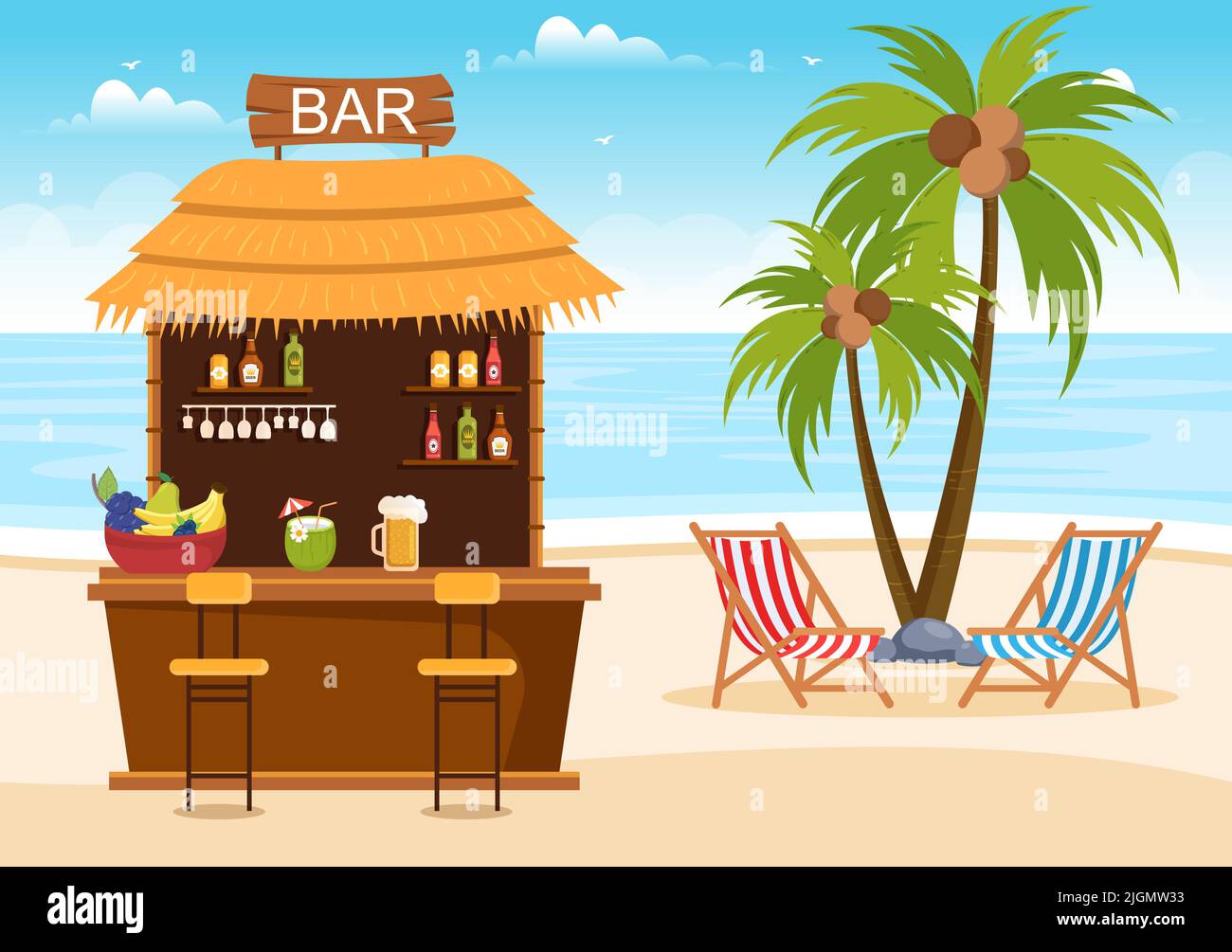 Bar tropical ou pub sur la plage avec bouteilles d'alcool, barman, table, intérieur et chaises par la mer dans l'illustration du dessin animé plat Illustration de Vecteur