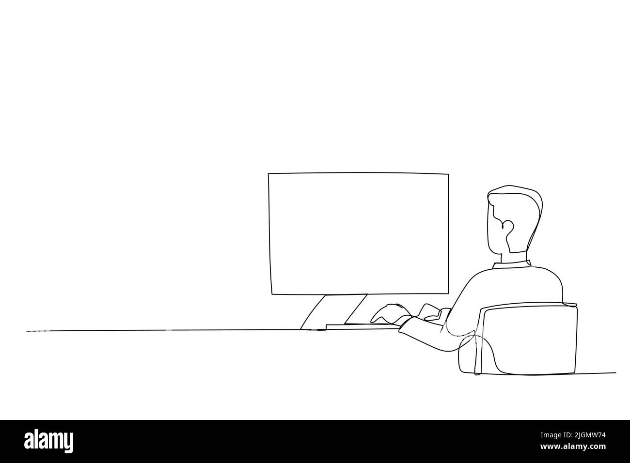 Caractère de type assis par le lieu de travail et travaillant avec le logiciel. Style de ligne continue Illustration de Vecteur