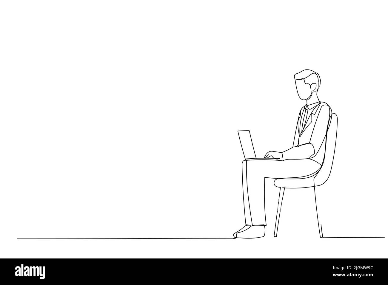 Dessin d'un jeune homme d'affaires sérieux assis sur une chaise et utilisant un ordinateur portable. Illustration d'une ligne Illustration de Vecteur