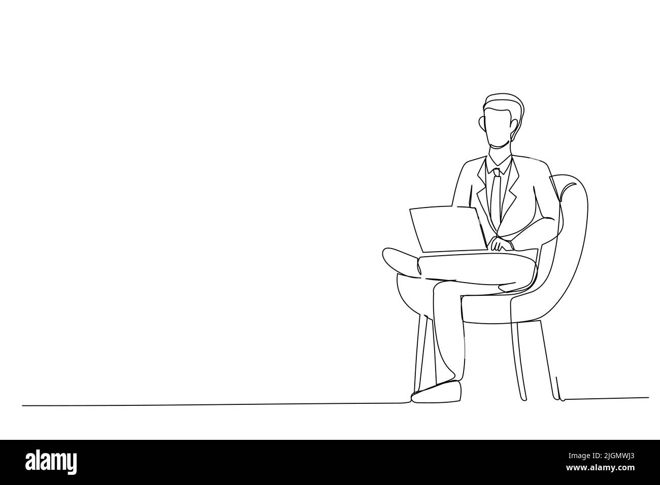 Illustration vectorielle d'un homme d'affaires avec un ordinateur portable assis dans un fauteuil. Dessin animé jeune homme travaillant au bureau et utilisant les réseaux sociaux. Illustration de Vecteur