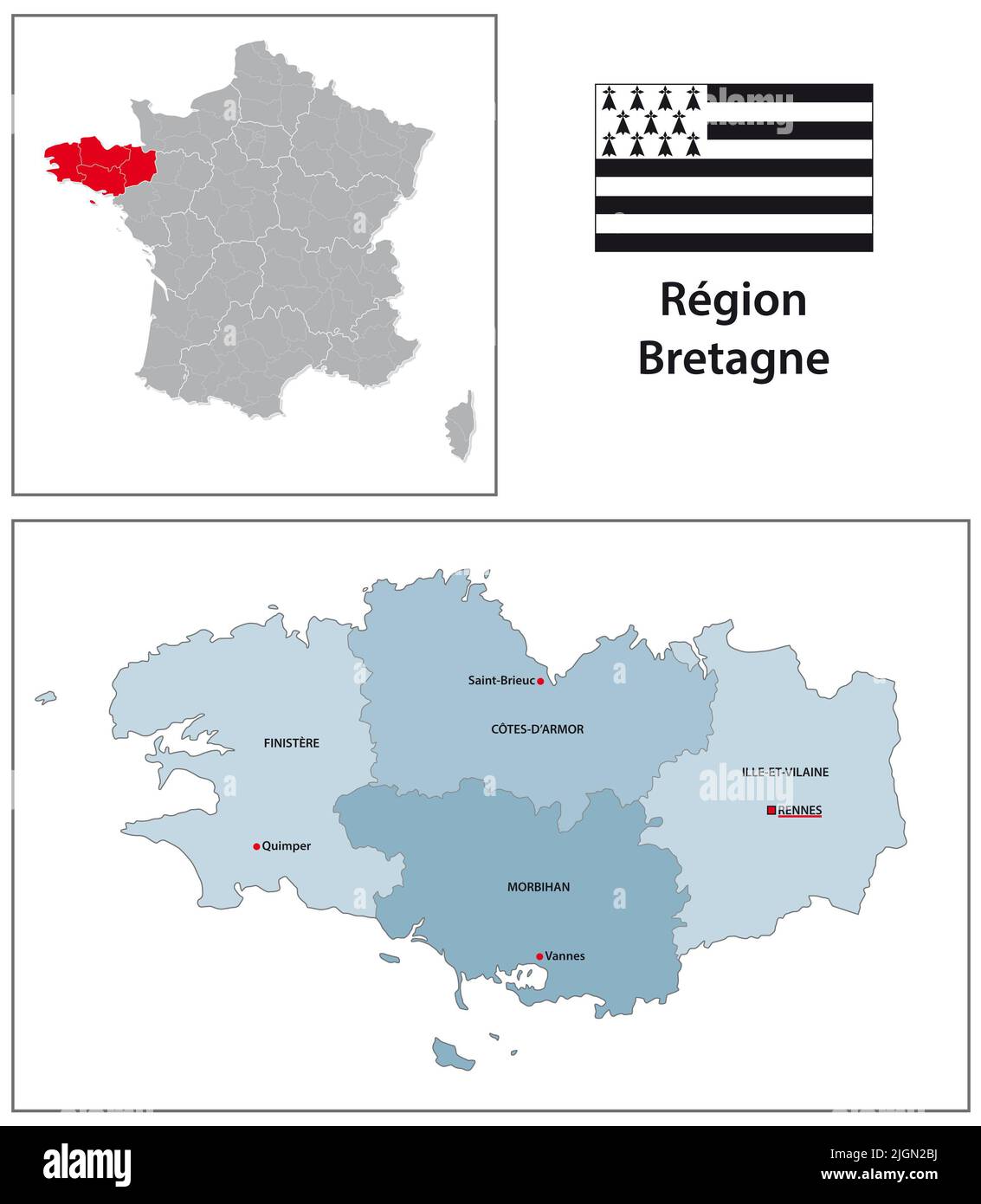 Carte vectorielle administrative avec drapeau de la région Bretagne Banque D'Images