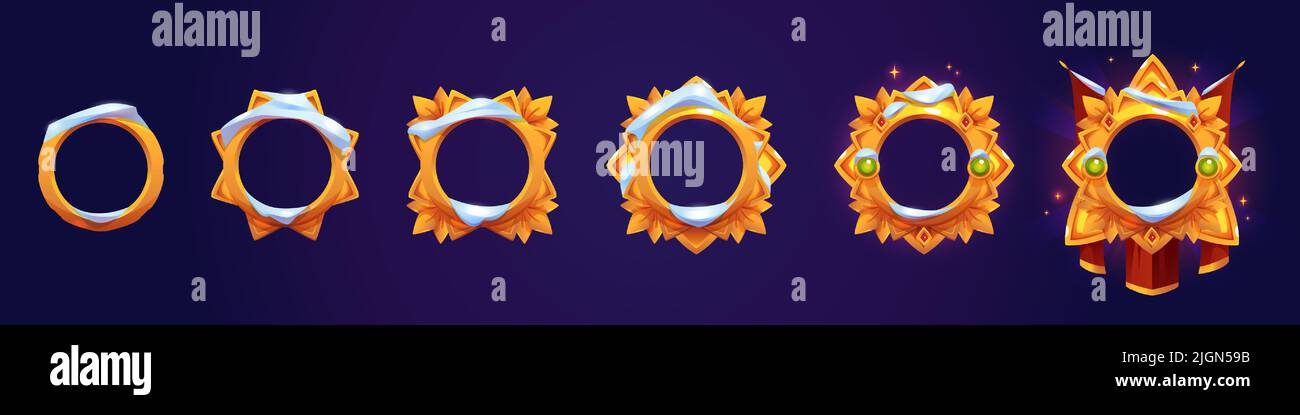 Cadres de classement d'or vides pour avatars de jeu isolés sur fond. Ensemble de badges de récompense à dessin animé vectoriel avec bordures de cercle dorées et pierres précieuses, fanions rouges et casquette de neige Illustration de Vecteur