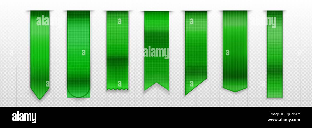 Signets verts, ruban, maquette de bannière 3D, marques de livre vierges avec bords arrondis, pointus et droits. Toile de soie verticale, modèle de balises, 3D icônes vectorielles réalistes isolées sur fond transparent Illustration de Vecteur