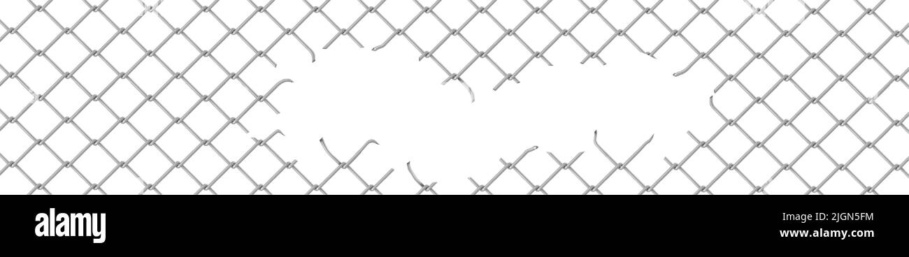 Rupture de la clôture, du rabitz ou du maillon de la chaîne. Arrière-plan vectoriel de maille métallique déchirée, grille ou filet d'acier avec trous et coupes de fil au centre, bordure de sécurité endommagée, concept de liberté, illustration réaliste 3D Illustration de Vecteur