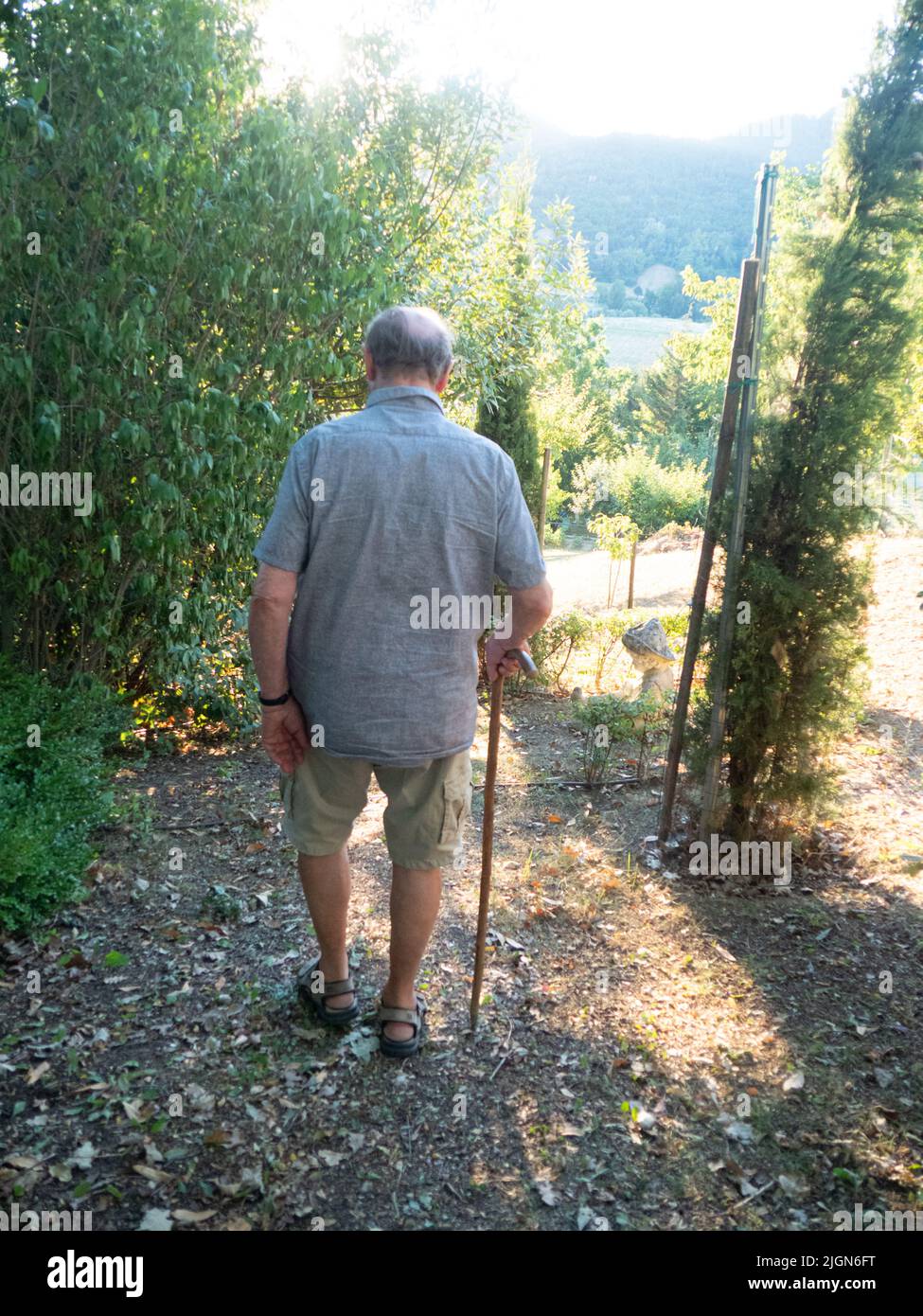 vieil homme avec mât de ciel marchant dans le jardin et la ferme en été Banque D'Images