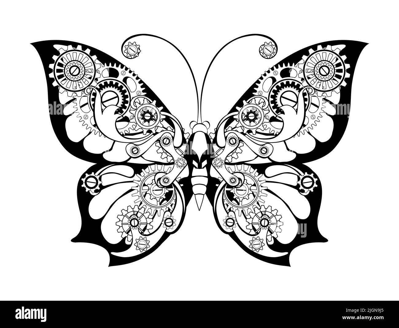 Papillon antique, contour, mécanique avec engrenages sur fond blanc. Style steampunk. Illustration de Vecteur