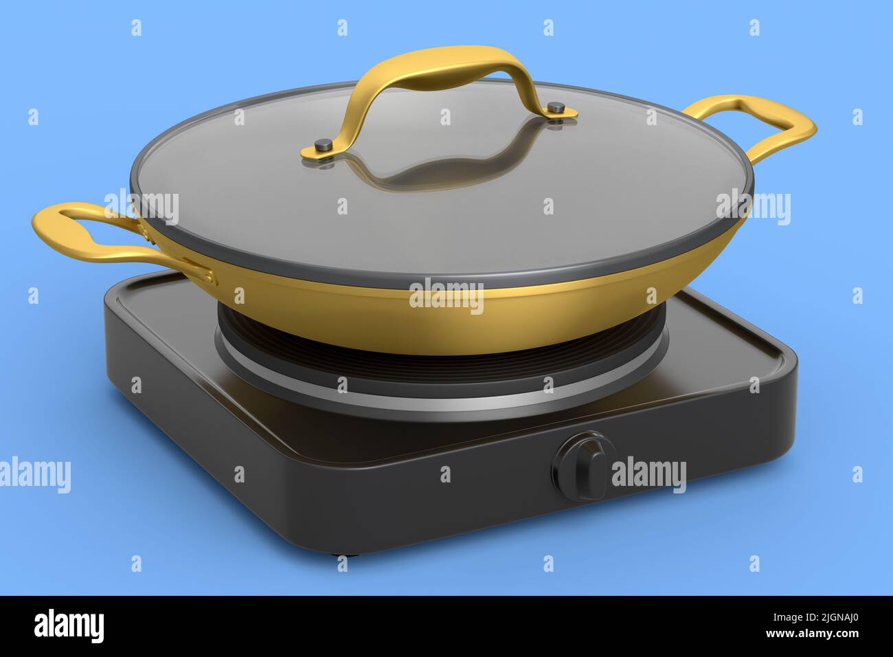 Poêle à frire ou wok avec couvercle en verre sur poêle électrique de camping portable sur fond bleu. 3d rendu des ustensiles de cuisine antiadhésifs Banque D'Images