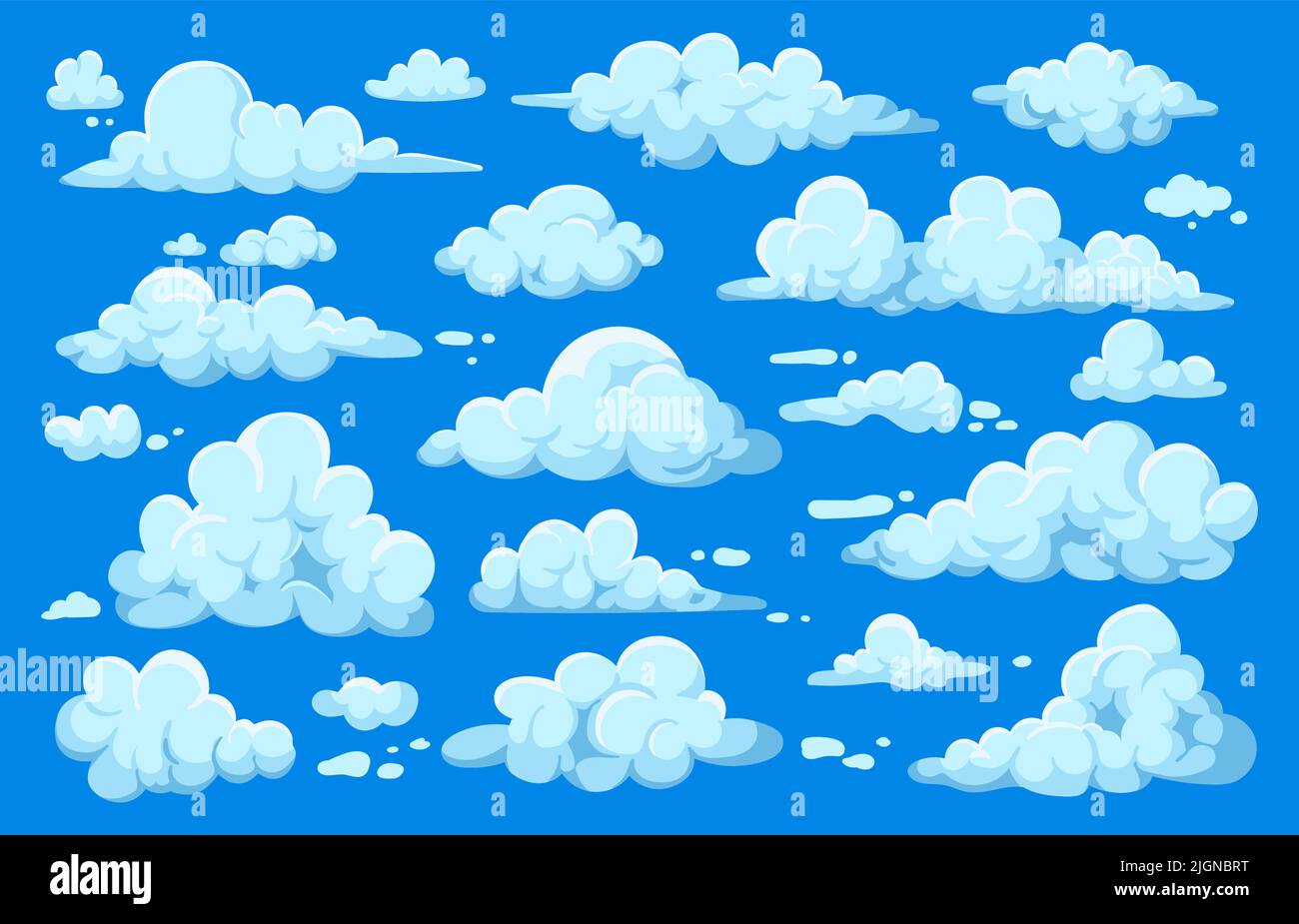 Nuages de dessins animés. Jeu ui actif avec ciel scène, été ciel fond avec cumulus nuages. Ensemble de vapeur, de brouillard et de fumée Vector 2D sprite Illustration de Vecteur