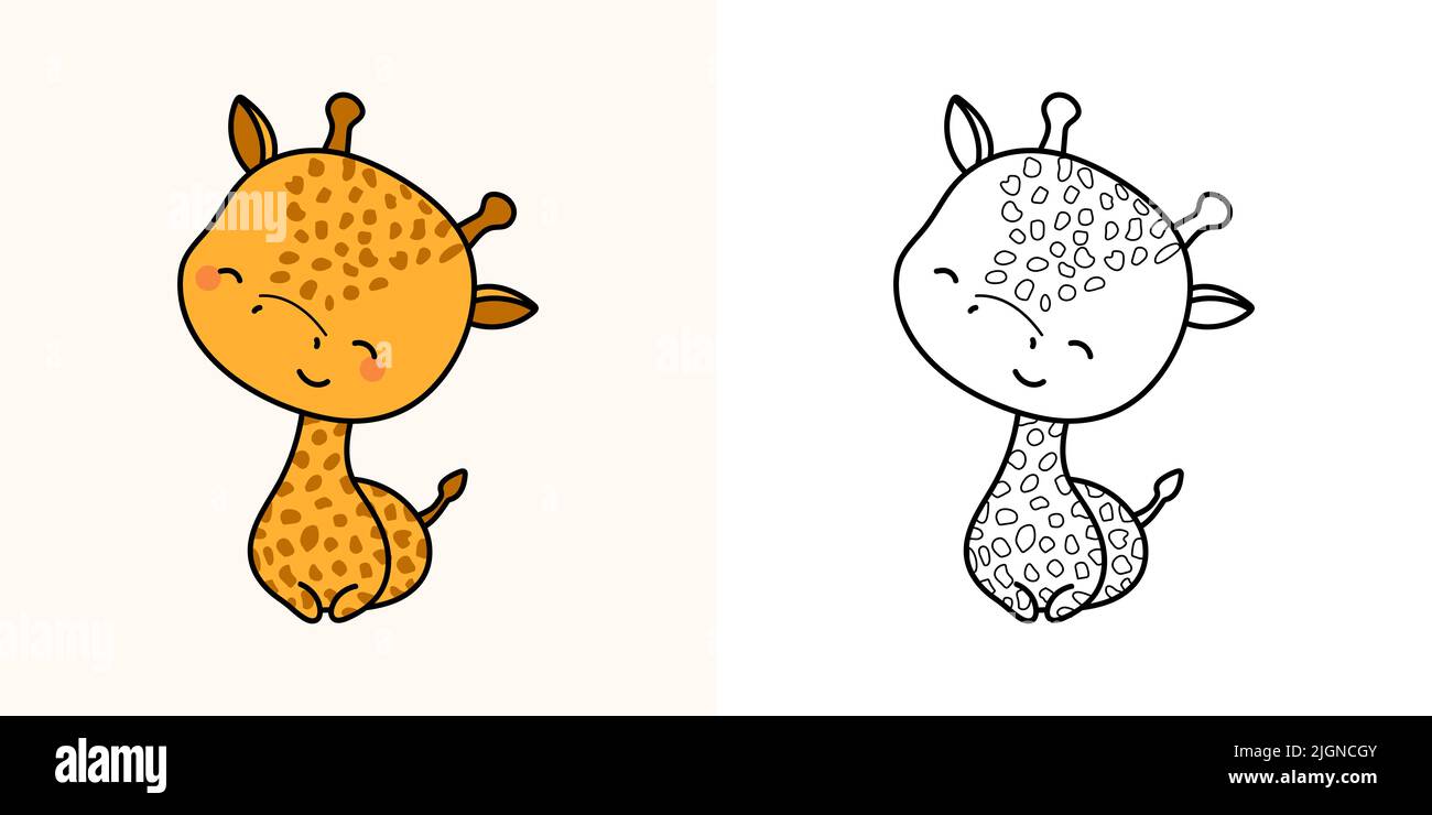 Cute Giraffe Clipart pour colorier la page et l'illustration. Joyeux clip Art Giraffe. Illustration vectorielle d'un animal kawaii pour autocollants, imprimés pour Illustration de Vecteur