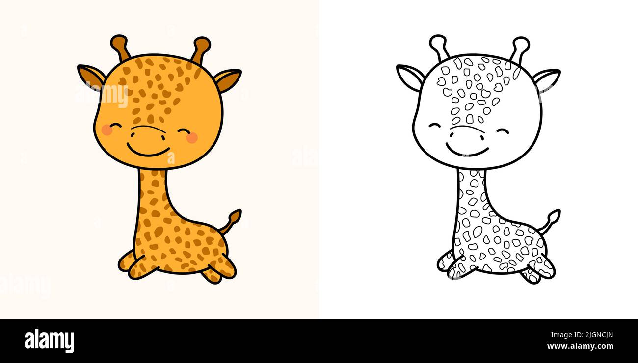 Kawaii Clipart Girafe Illustration et pour coloriage page. Giraffe kawaii drôle. Illustration vectorielle d'un animal kawaii pour autocollants, douche de bébé Illustration de Vecteur