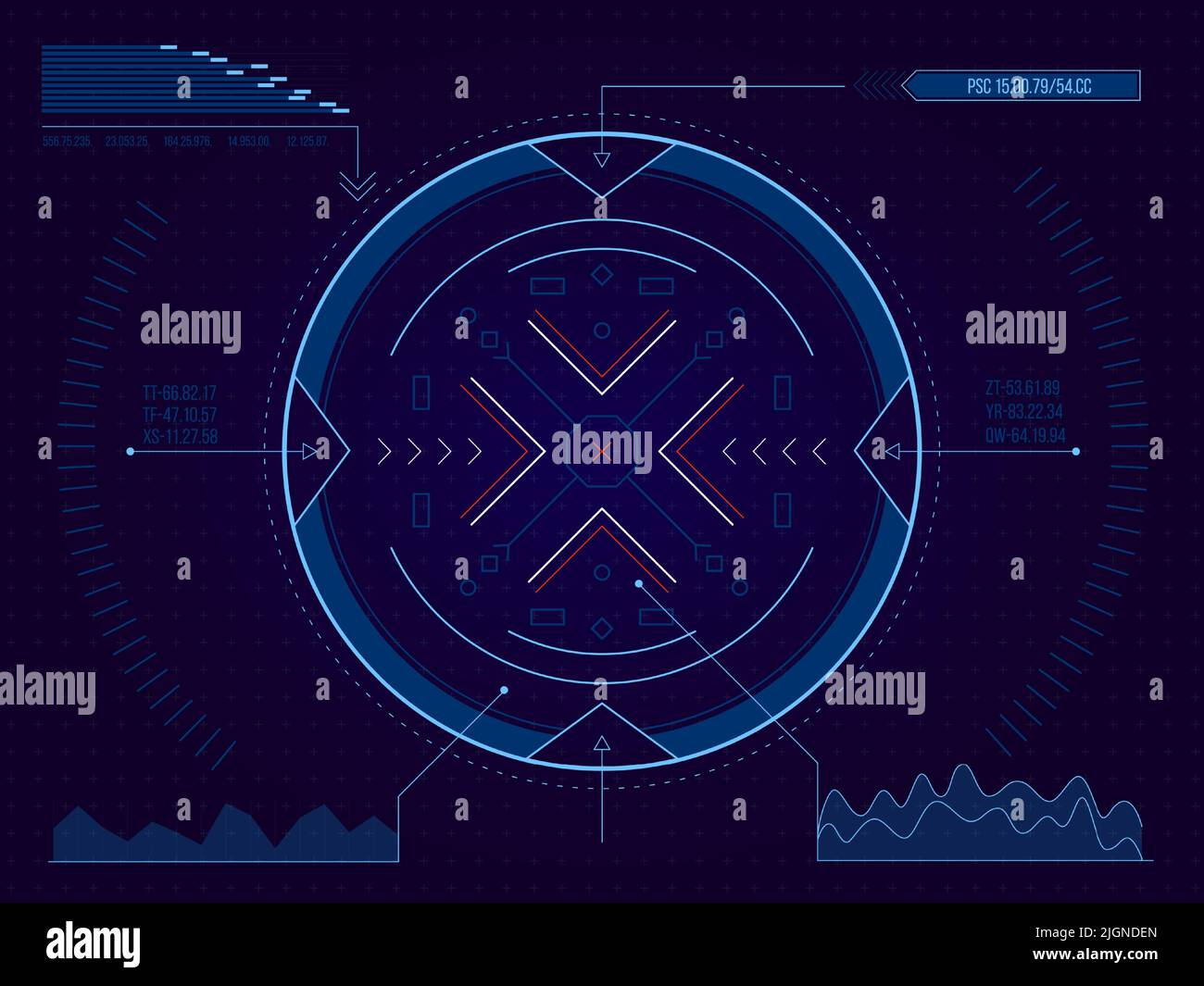 Cible HUD. Interface de jeu futuriste pour la mise au point de la cible, verrouillage et visée, jeu de tir de science-fiction actif pour le collimateur de visée. Interface utilisateur de la technologie Vector Illustration de Vecteur