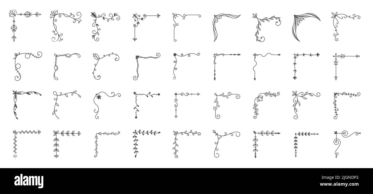 Coins de cadre en filigrane. Décoration de bordure éléments ornementaux, élégant fleuron de la collection d'accent de feuilles de tourbillon pour les invitations de mariage et de salutation Illustration de Vecteur