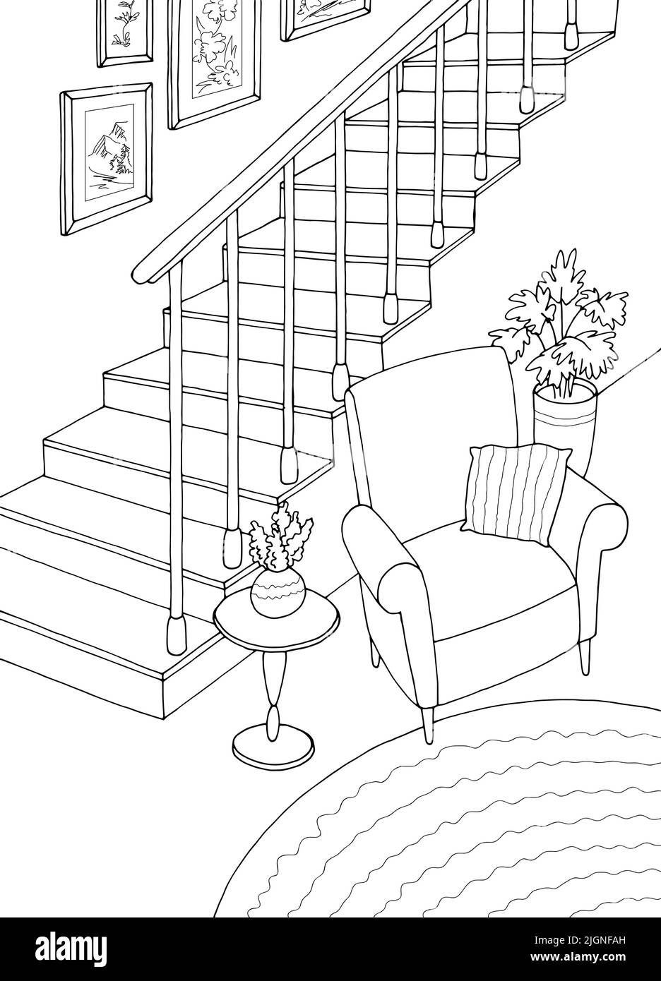 Couloir graphique escalier noir blanc intérieur vertical esquisse illustration vecteur Illustration de Vecteur