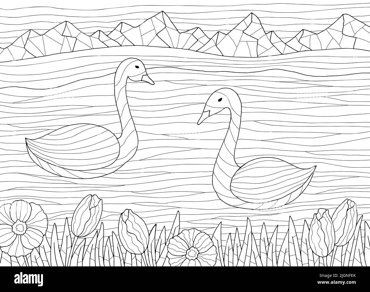 Motif à colorier Swan noir blanc paysage illustration vecteur Illustration de Vecteur