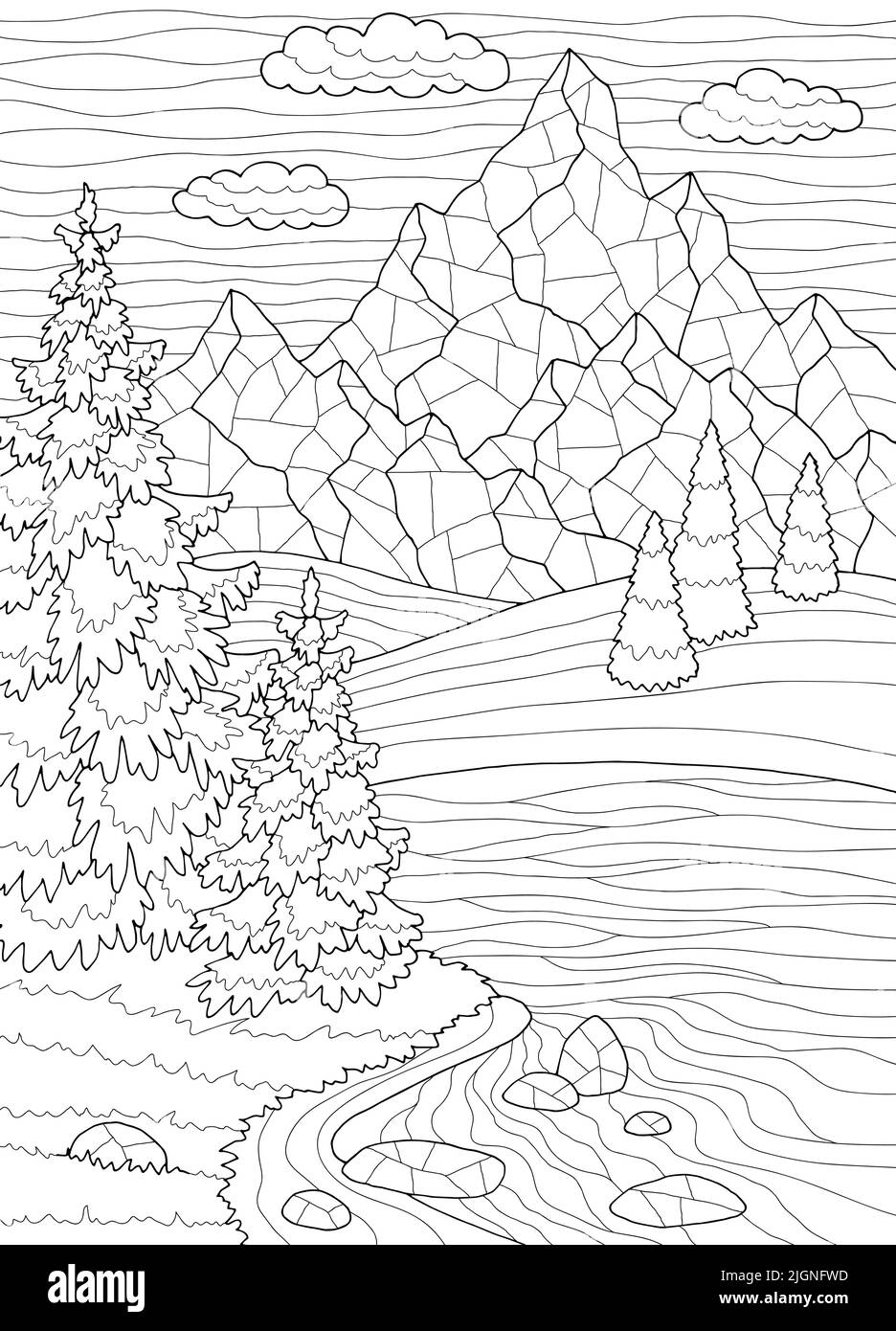 Mountain River coloriage graphique noir blanc rivière vertical paysage esquisse illustration vecteur Illustration de Vecteur