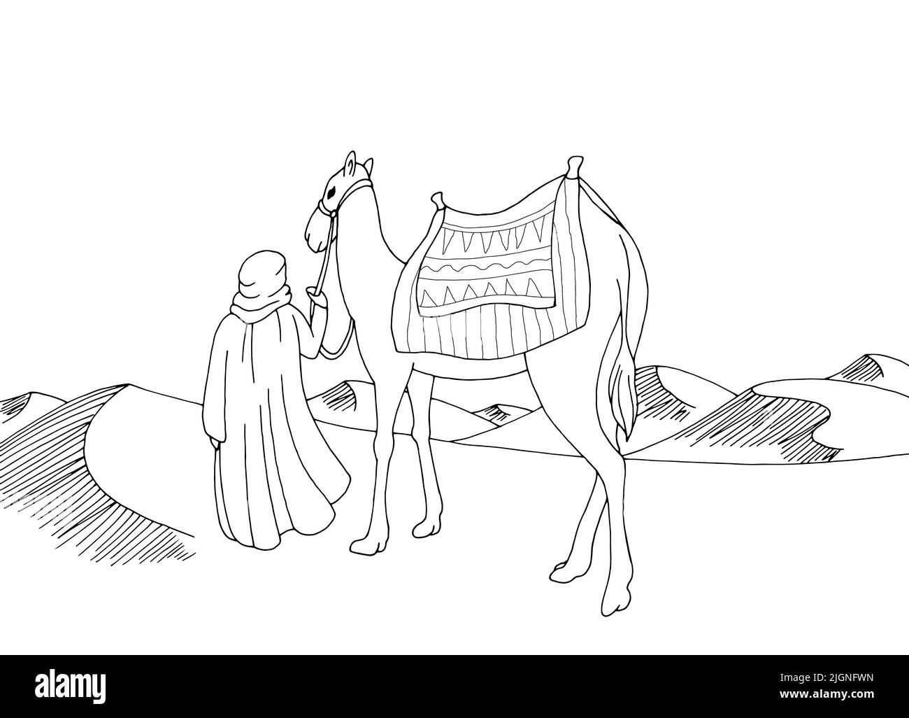 L'homme conduit un chameau à travers le désert graphique noir blanc paysage illustration vecteur Illustration de Vecteur