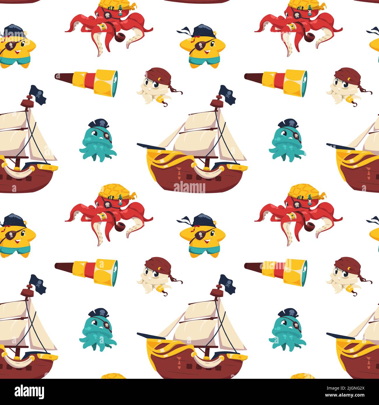Motif animaux pirates. Imprimé sans couture d'animaux marins en costumes de pirate, illustration pour enfants du perroquet de singe de poisson pieuvre. Vecteur Illustration de Vecteur