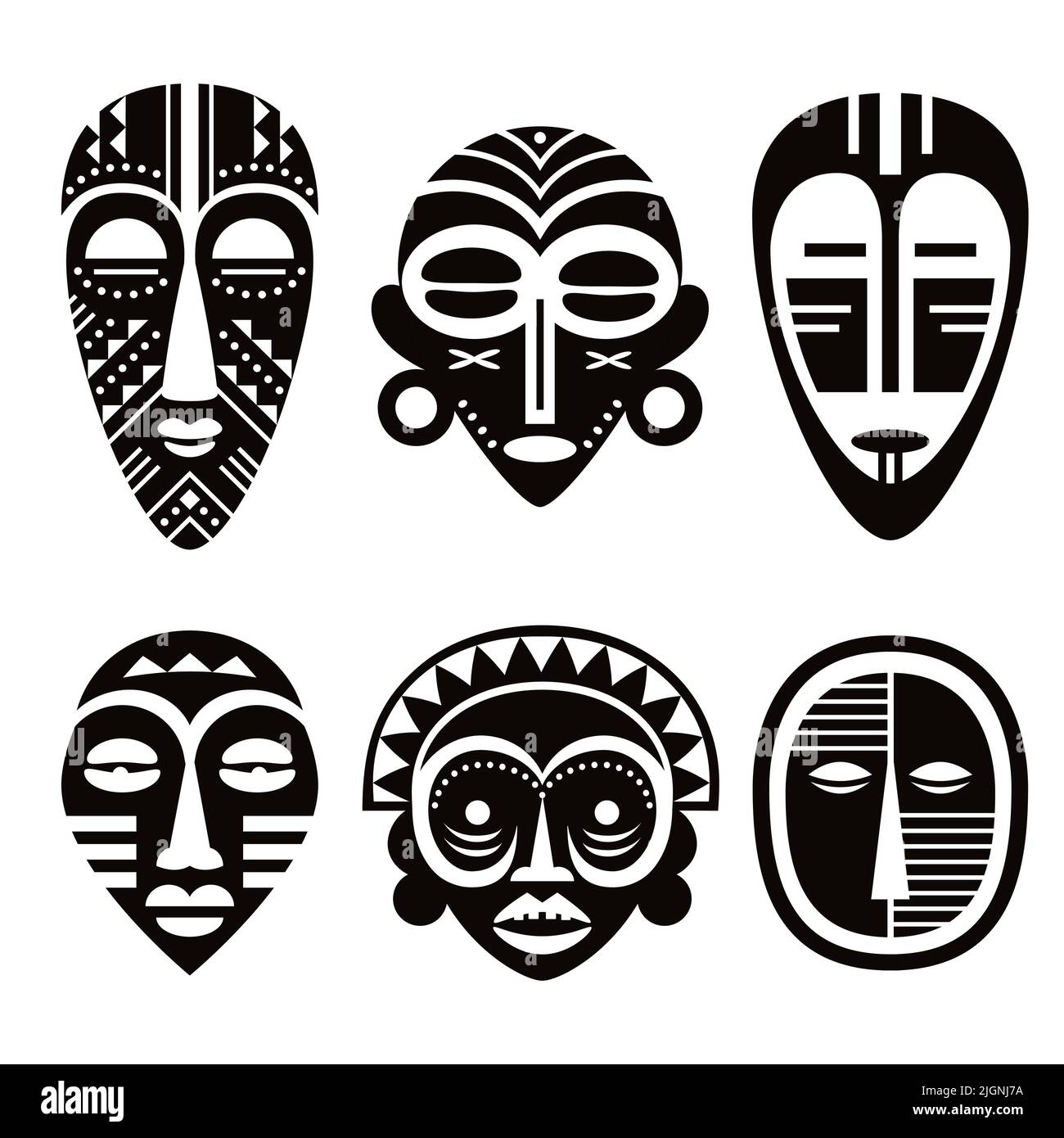 Ensemble de conception de masques tribaux africains, collection de masques ethniques rituels, décoration indigène Illustration de Vecteur