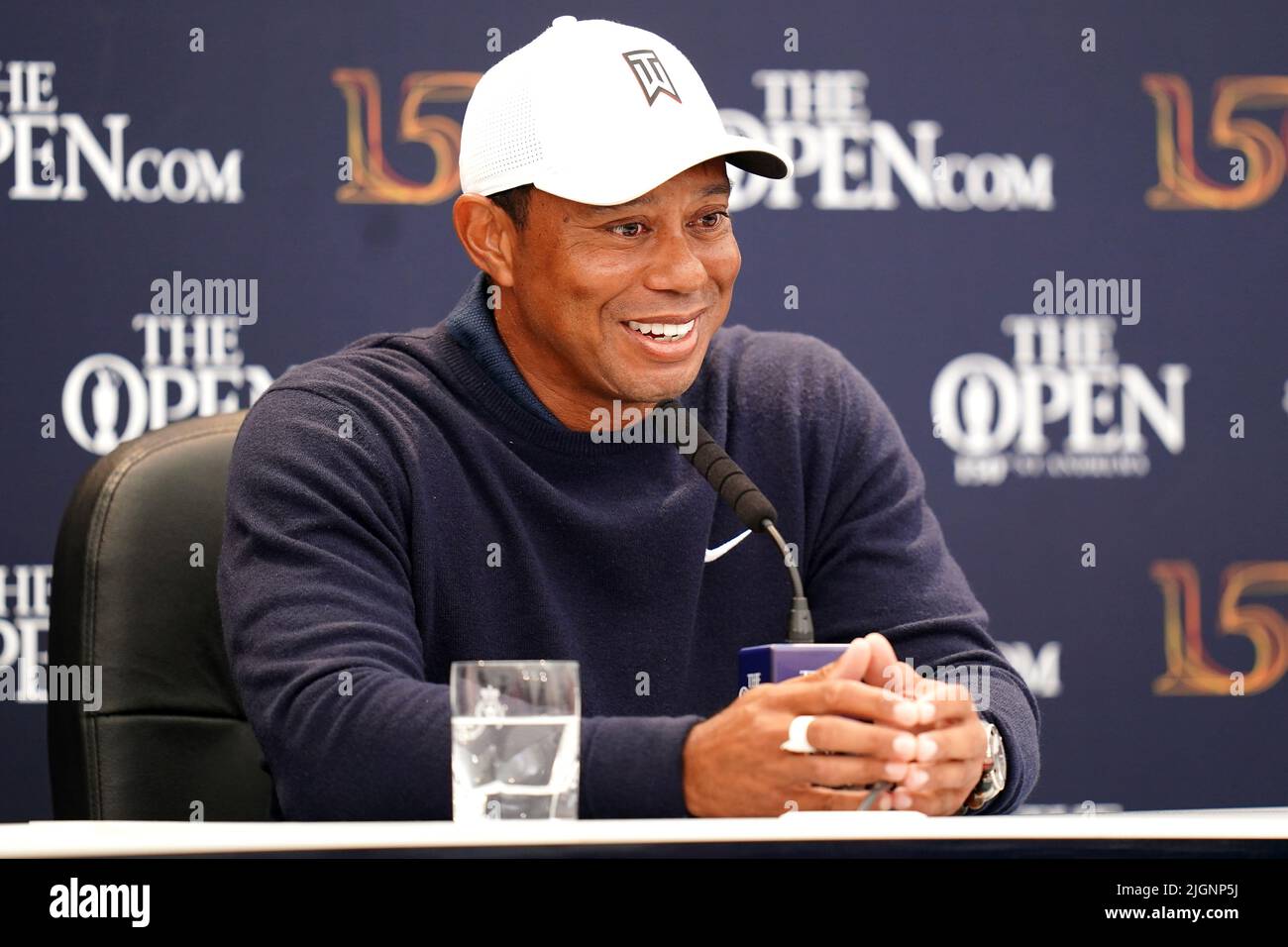 Tiger Woods aux États-Unis lors d'une conférence de presse sur la troisième journée d'entraînement de l'Open at the Old course, St Andrews. Date de la photo: Mardi 12 juillet 2022. Banque D'Images