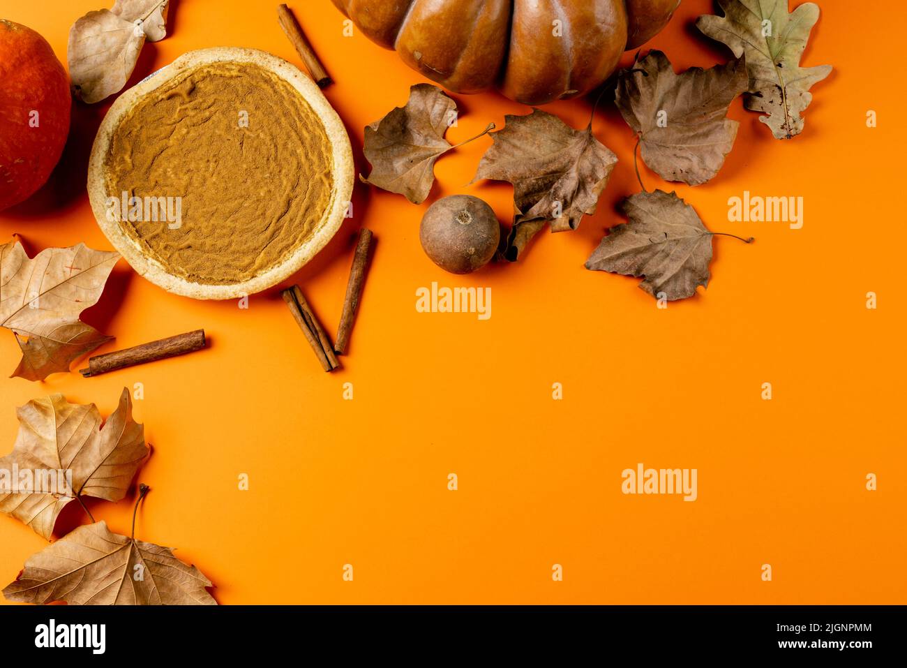 Composition de citrouilles, feuilles d'automne, cannelle et tarte sur fond noir Banque D'Images