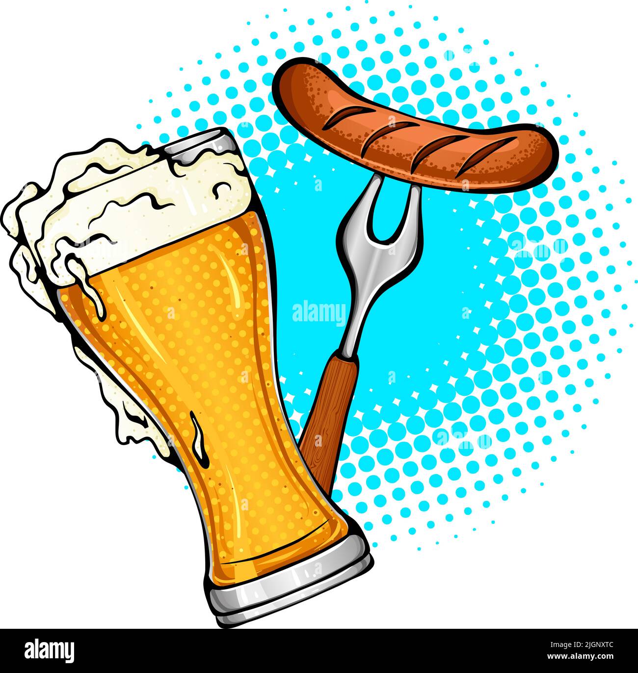 Verre de bière et de saucisse sur une fourchette style pop art Illustration de Vecteur