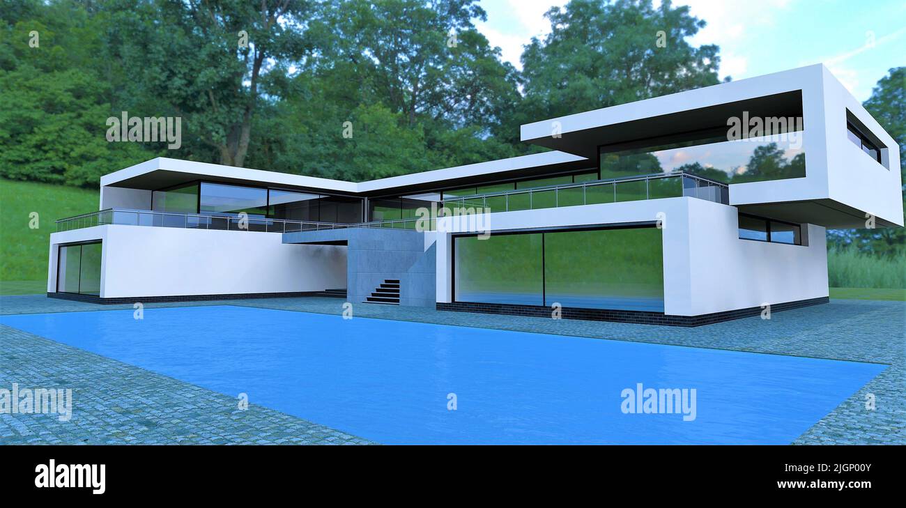 Bâtiment blanc de haute technologie avec piscine d'eau bleue. Toit plat. Design exceptionnel. 3d rendu. Bon pour les sites Web sur le domaine de banlieue. Banque D'Images