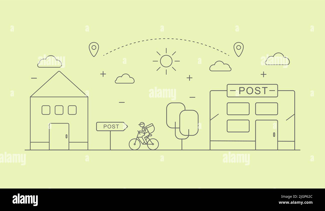 Le liveur passe une bicyclette du client au bureau de poste Illustration de Vecteur
