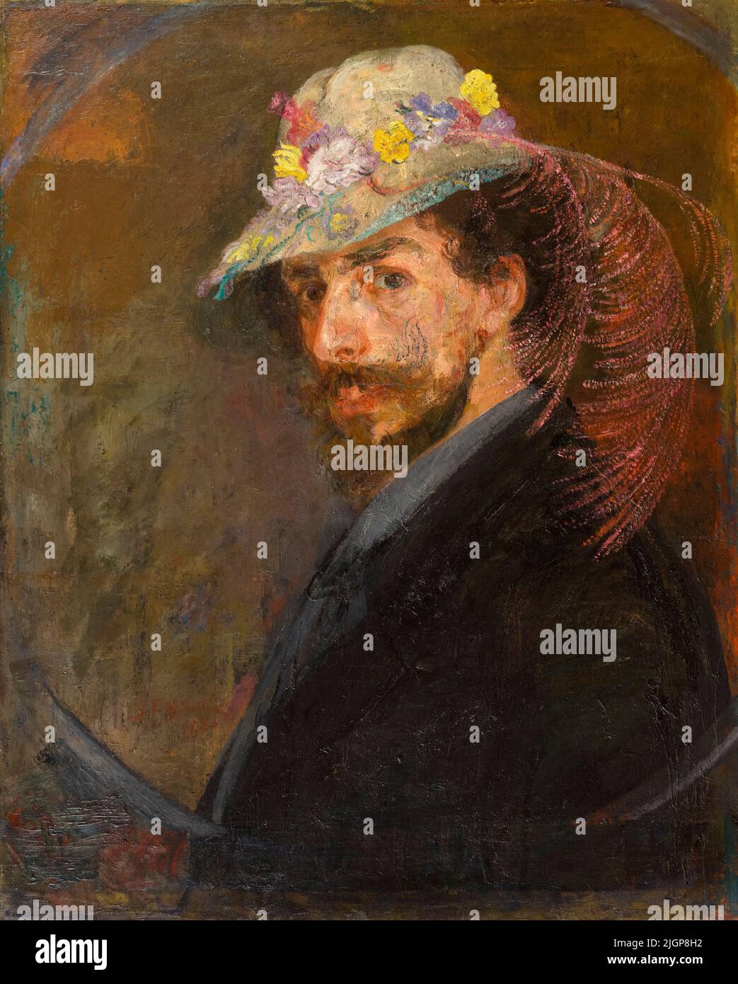 Autoportrait avec chapeau fleuri, peinture du peintre belge James Ensor, (1860-1949), huile sur toile, 1883-1888 Banque D'Images