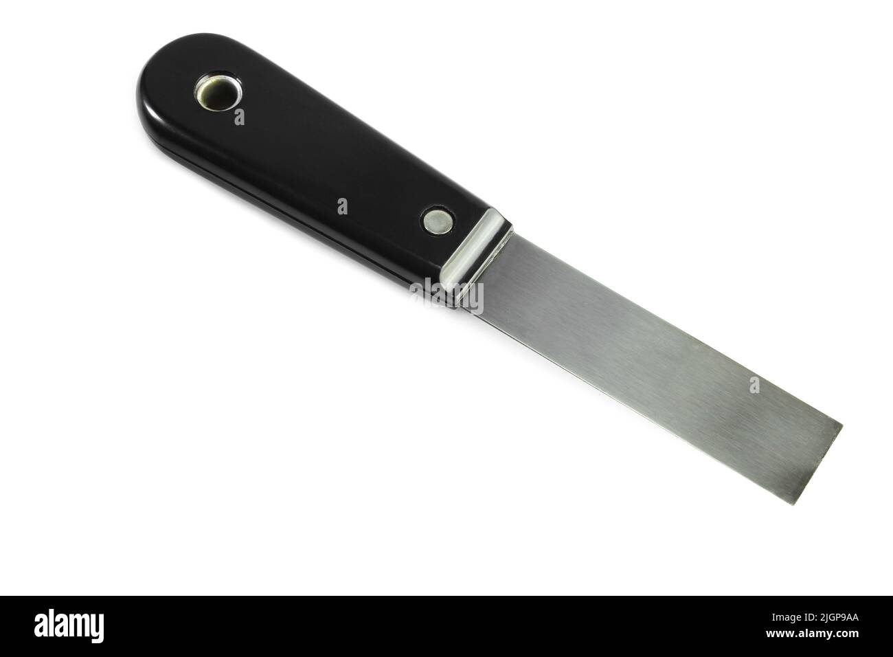 Spatule de nettoyage rectangulaire pour barbecue avec poignée noire isolée sur fond blanc. Banque D'Images