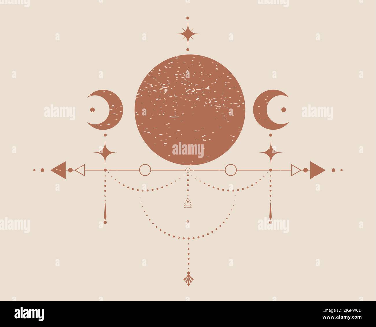 Triple Lune, géométrie sacrée, flèches mystiques, croissant de lune, lignes pointillées en style boho, icône wiccan, signe magique mystique ésotérique alchimie. Spirituel Illustration de Vecteur