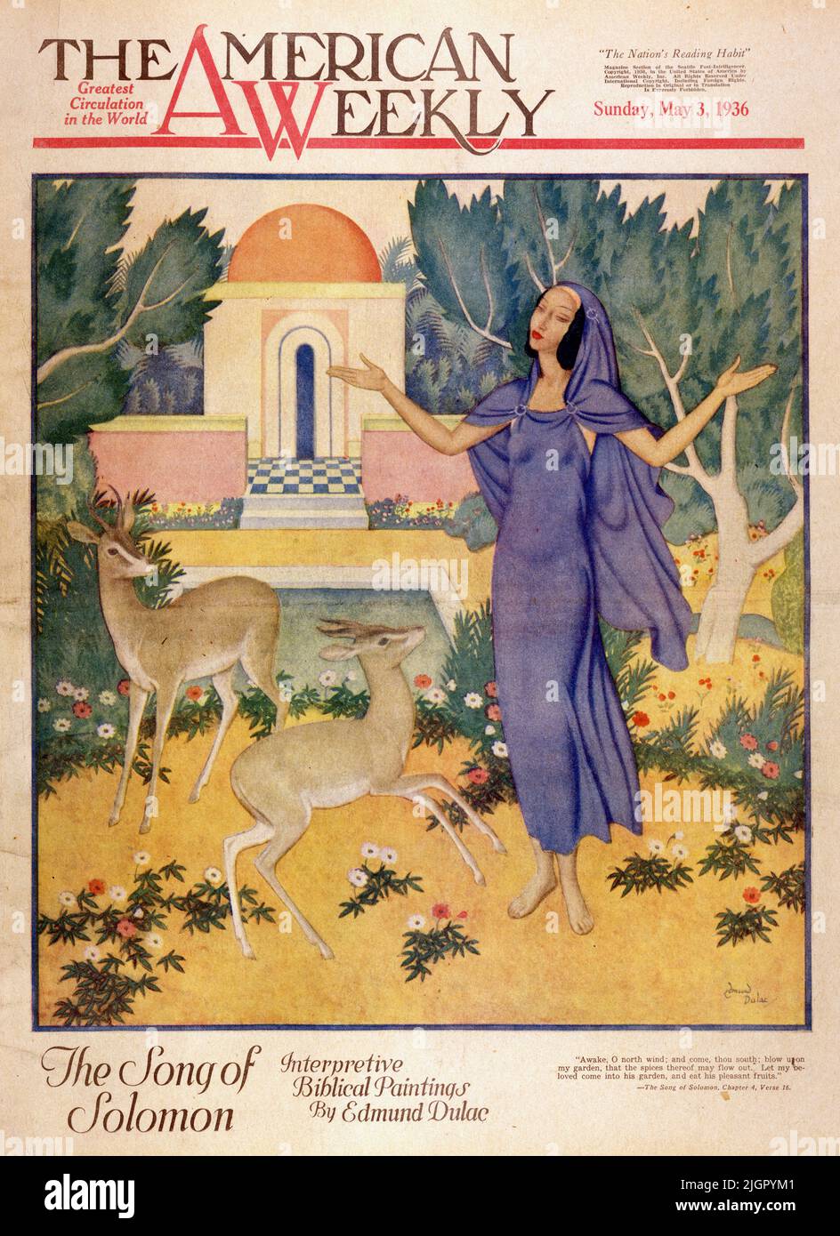 CHAPITRE 4 VERSET 16 publié sur 3 mai 1936 dans le magazine American Weekly peint par Edmund Dulac. "Éveillé, O vent du nord; et venez, tu au sud; soufflez sur mon jardin, que les épices de celui-ci puissent s'écouler. Laissez mon bien-aimé venir dans son jardin, et manger ses fruits agréables. » Banque D'Images