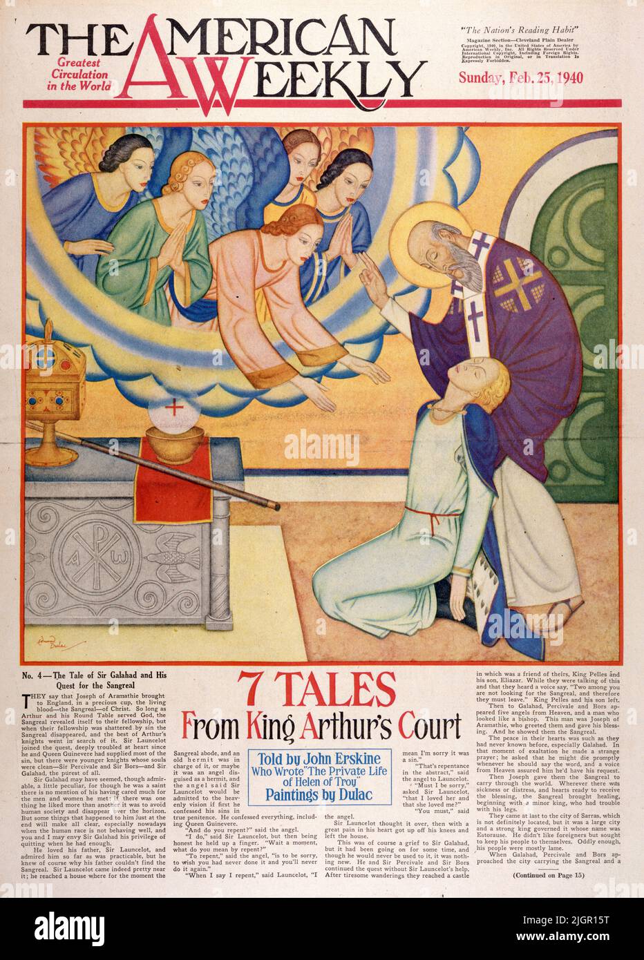 'Le conte de Sir Galahad et sa quête pour le Sangreal 'publié le 25 février 1940 dans le magazine American Weekly peint par Edmund Dulac. Ils disent que Joseph d'Aramathie a apporté en Angleterre, dans une tasse précieuse, le sang vivant - le Sanreal - du Christ. Tant qu’Arthur et sa Table ronde servirent Dieu, le Sangreal se révéla à leur communauté, mais quand leur communauté fut brisée par le péché, le Sangreal disparut et le meilleur des chevaliers d’Arthur s’en alla à la recherche. Sir Launcelot s'est joint à la quête, profondément troublé au coeur, puisque lui et la reine Guienevere avaient fourni la plupart du péché... Banque D'Images
