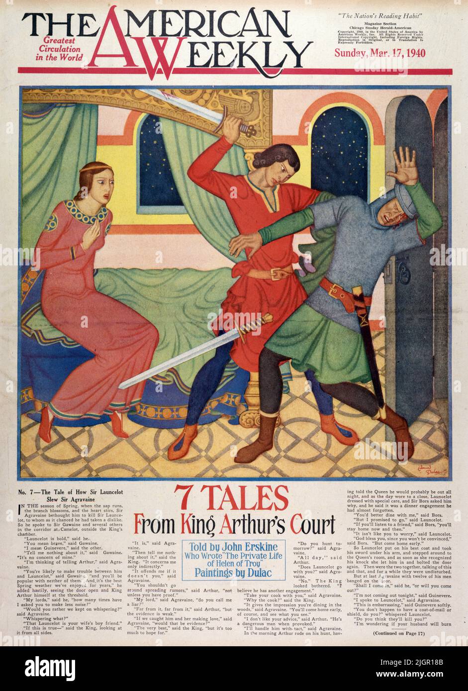 « The Tale of How Sir Lancelot Slew Sir Agravaine » publia 17 mars, 1940 dans le magazine American Weekly Sunday peint par Edmund Dulac.dans la saison du printemps, quand la sève tourne, la branche fleurit, et le coeur jouve. Sir Agravaine croyait qu'il tuait Sir Launcelot, à qui, comme il chancelait, avait pris un désarroi. Il a donc parlé à Sir Gawaine et à plusieurs autres personnes dans le couloir de Camelot, à l’extérieur de la chambre du roi. « Launcelot est audacieux », a-t-il déclaré. « Vous voulez dire brave », a déclaré Gawaine. « Je veux dire Guinevere », a dit l’autre. « Ne rien en dire », a déclaré Gwaine. « Ce n’est pas la mienne. » Banque D'Images