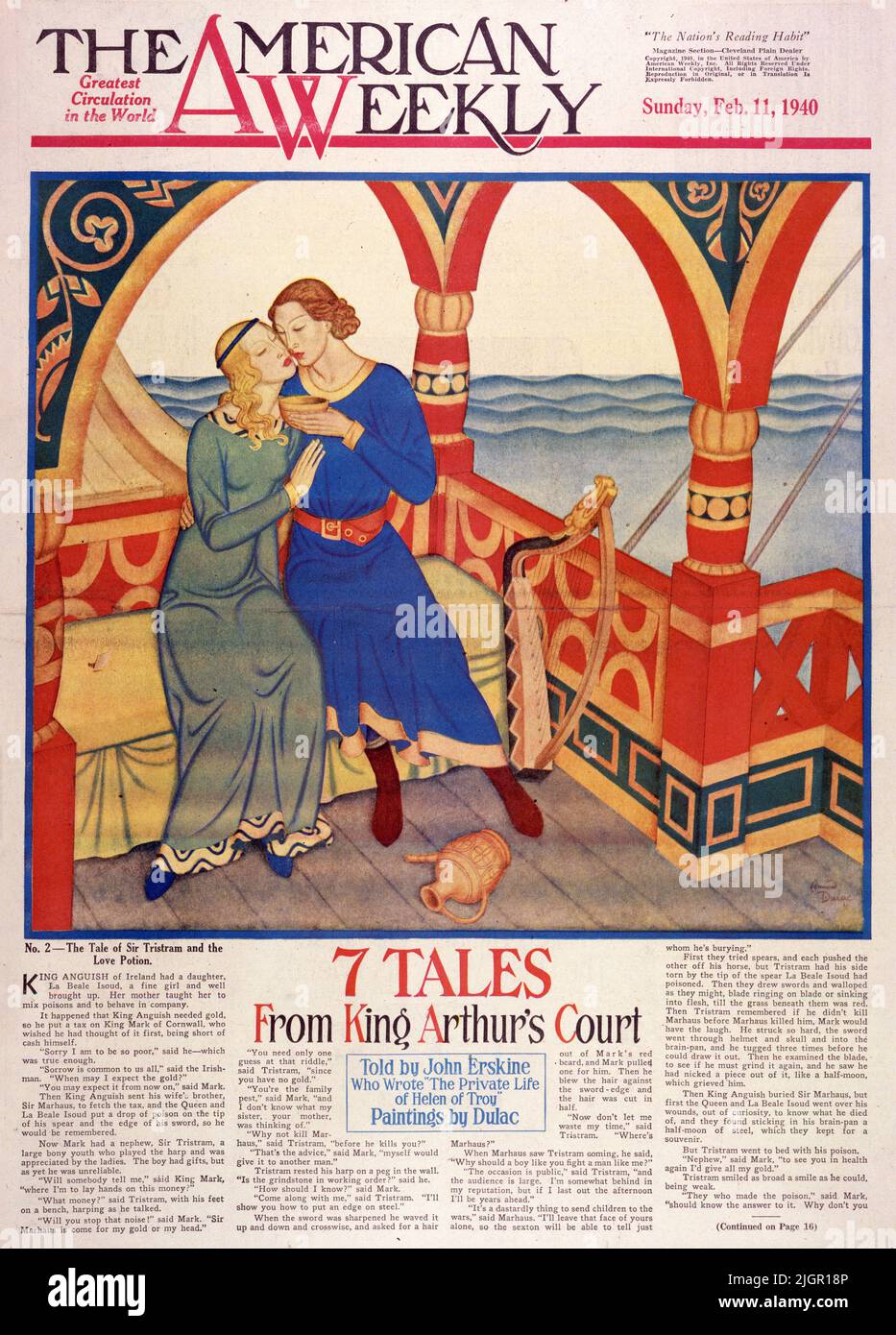 The Tale of Sir Tristram and the Love Contly publié le 11 février 1940 dans le magazine American Weekly peint par Edmund Dulac. Le roi Anguish d'Irlande avait une fille, la Beale Isoud, une fille fine et bien élevé. Sa mère lui a enseigné à mélanger des poisons et à se comporter en compagnie. Il est arrivé que King Anguish ait besoin d'or, donc il a mis une taxe sur le roi Mark de Cornwall, qui souhaitait qu'il l'ait pensé d'abord, étant à court d'argent lui-même. « Désolé, je suis si pauvre », a-t-il dit, ce qui était assez vrai. "Le chagrin est commun à nous tous", a déclaré l'Irlandais. « Quand puis-je m’attendre à l’or ? » "Vous pouvez vous attendre à ce que cela soit à partir de maintenant"... Banque D'Images