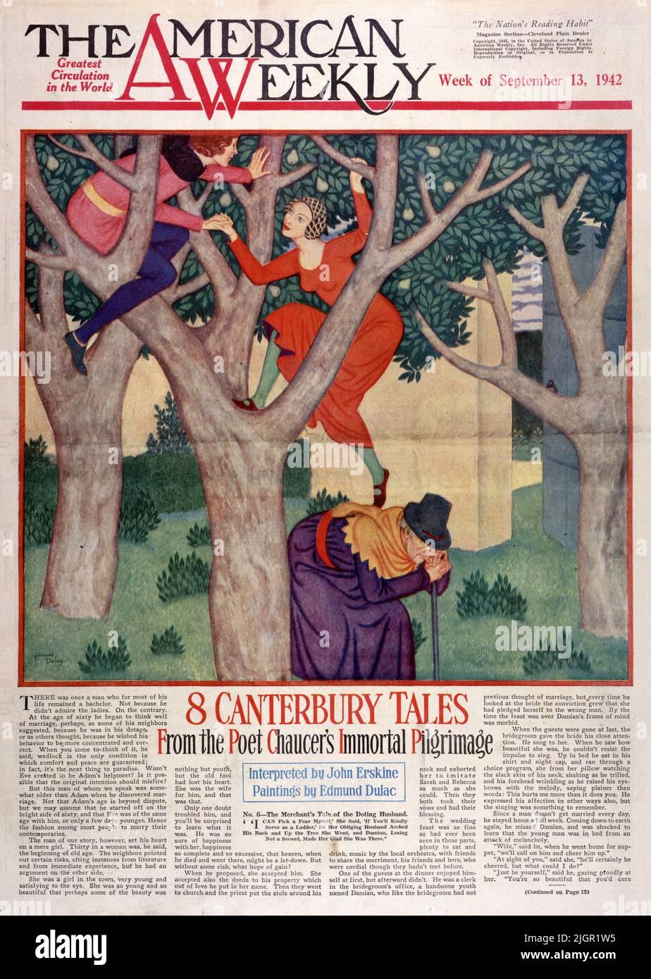 « The Merchant’s Tale of the dracting mari » publié le 13 septembre 1942 dans le magazine American Weekly Sunday peint par Edmund Dulac. Il y avait une fois un homme qui, pendant la plus grande partie de sa vie, est resté un baccalauréat. Ce n’est pas parce qu’il n’a pas admirée les dames. Au contraire. À l'âge de soixante ans, il a commencé à penser bien au mariage, peut-être, comme certains de ses voisins l'ont suggéré, parce qu'il était dans son point de vue, Ou comme d'autres le pensaient, parce qu'il voulait que son comportement soit plus concentré et correct.quand vous en pensez, il a dit, le mariage est la seule condition dans laquelle le confort et la paix sont garantis. Banque D'Images