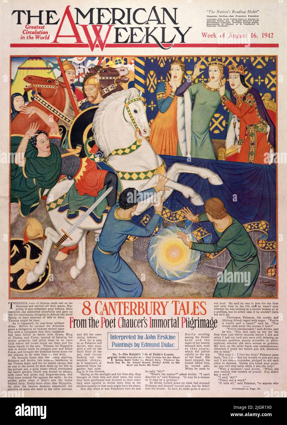 "The Knight's Tale of Emily's Lovers" publié le 16 août 1942 dans le magazine American Weekly Sunday peint par Edmund Dulac. Theseus, le dirigeant d'Athènes, fit la guerre sur les Amazones et fit leur reine, Hippolita, si vous vous souvenez de votre histoire. Une fois capturée, elle a abandonné joyeusement et a abandonné la guerre pour mariage, amenant à Athènes sa sœur Emily, pour avoir quelqu'un à parler quand Theseus pourrait être occupé. Comme cela s'est produit, il était occupé sans délai. Avant d'arriver à la porte d'Athenen, une délégation de veuves lui a attendu de se plaindre que leur mari avait été tué dans une bataille avec Creon,... Banque D'Images