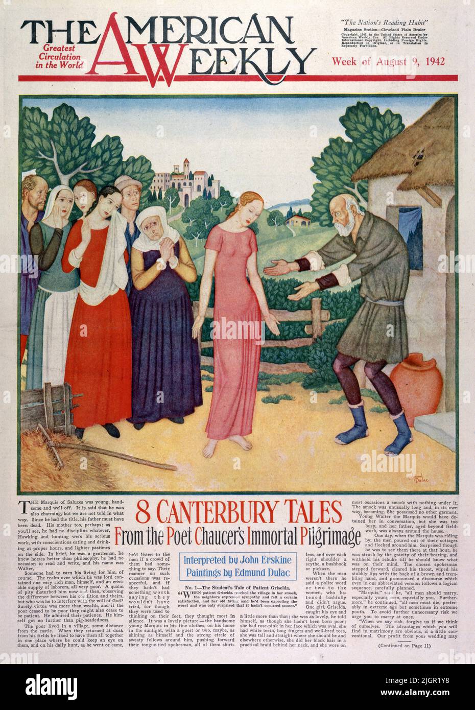 « The Student’s Tale of patient Griselda » publié en août 1942 dans le magazine American Weekly Sunday peint par Edmund Dulac. Le marquis de Saluces était jeune, beau et bien loin. On dit qu'il est également charmant, mais on ne nous dit pas de quelle façon. Depuis qu'il a eu le titre, son père doit avoir été mort. Sa mère aussi peut-être; comme vous le verrez, il n'avait aucune discipline. Hawking et la chasse ont été son travail sérieux, avec consciencieux manger et boire aux heures appropriées, et des passe-temps plus légers sur le côté. En bref, il était un gentleman, il connaissait les chevaux mieux que la philosophie, Banque D'Images