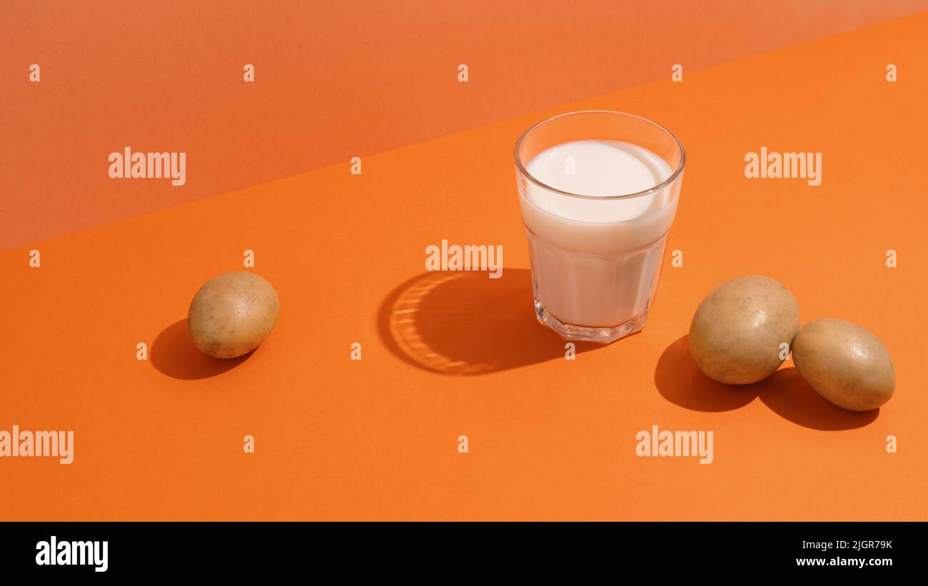 Un verre de lait de pomme de terre sur la table avec des pommes de terre Banque D'Images