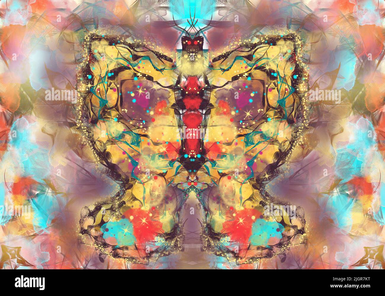 Jaune intense multicolore un motif papillon avec des taches étincelantes et des détails brillants sur le sol doux et coloré. Banque D'Images