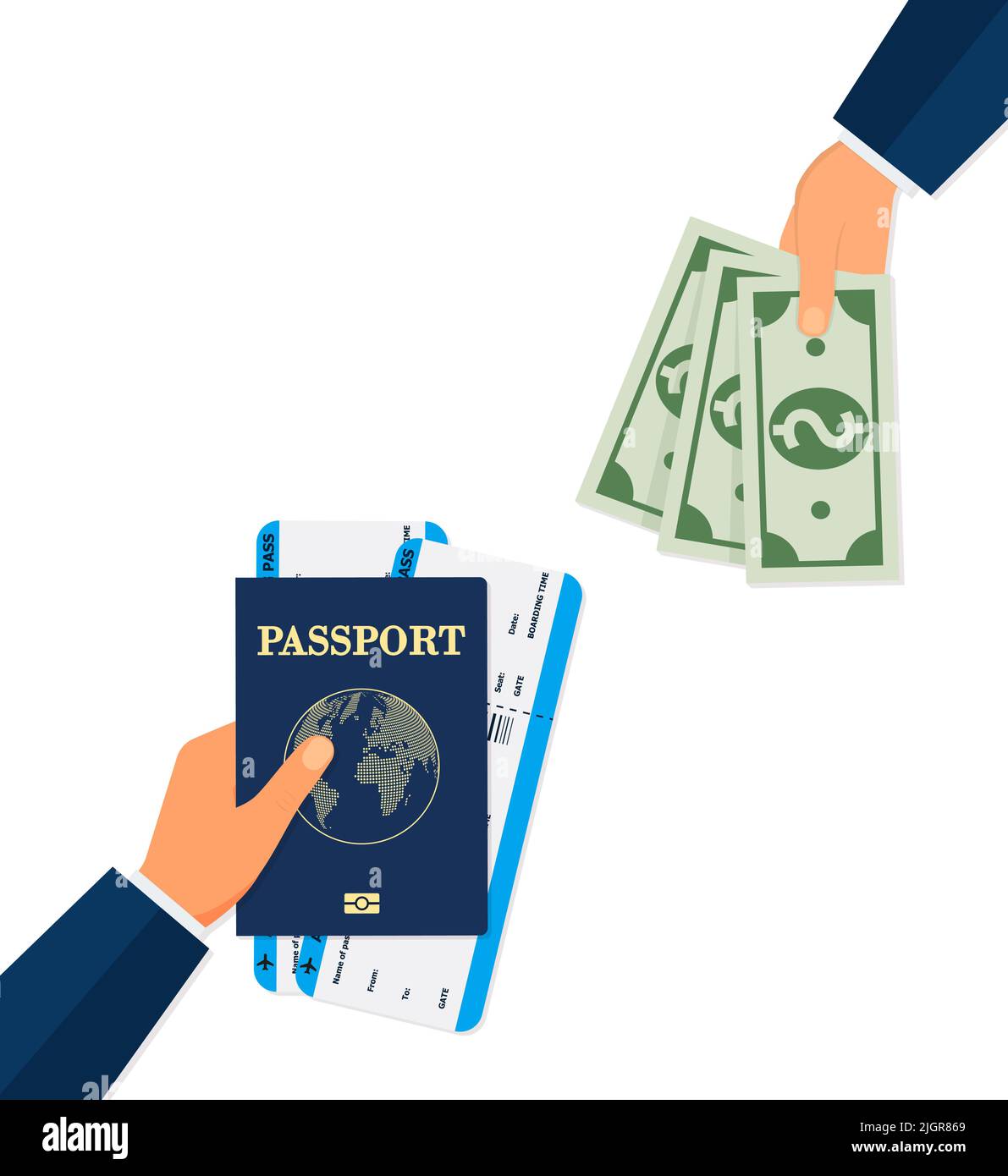 Hipster jeune homme montrant le passeport avec des billets et de l'argent. Barbu tendance tenant une carte d'embarquement et des billets de monnaie à la main. Personnage mâle Illustration de Vecteur