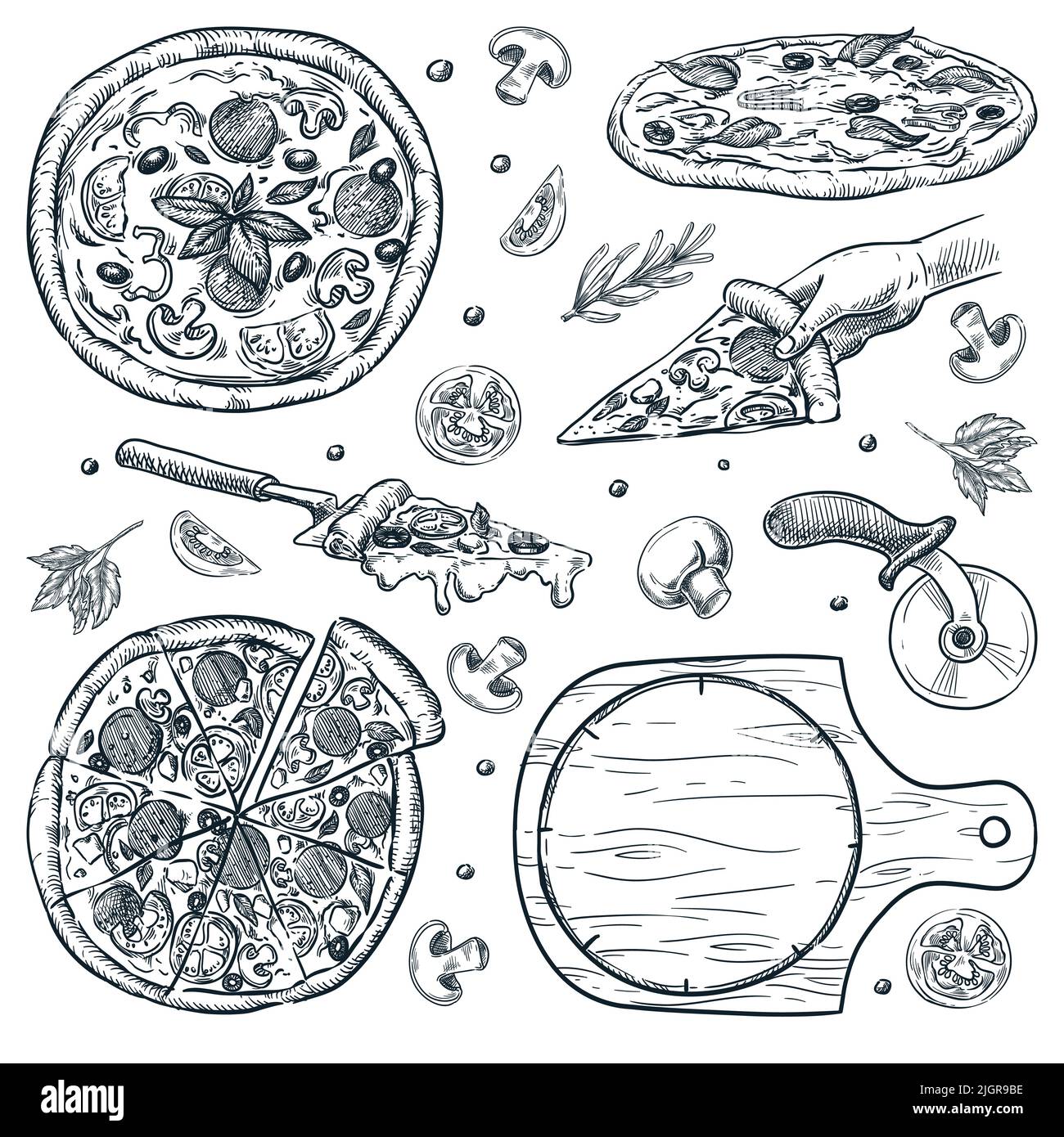 Pizza italienne, isolée sur fond blanc. Illustration d'un schéma de fast food. Le menu de la pizzeria est composé d'éléments de décoration vintage dessinés à la main Illustration de Vecteur