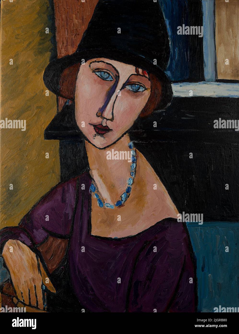 Portrait d'une fille dans un chapeau. Belle peinture à l'huile sur toile. Basé sur la magnifique peinture de Modigliani. Contours de pinceau et textures de canevas. Banque D'Images