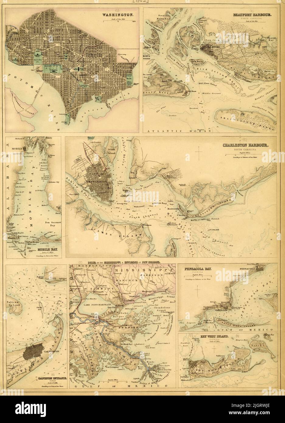 Carte des ports et ports du sud, y compris Pensacola Bay, Key West Island, Charleston Harbour, Beaufort Harbour, Mobile Bay, Galveston, 1862 ans, par John Bar Banque D'Images