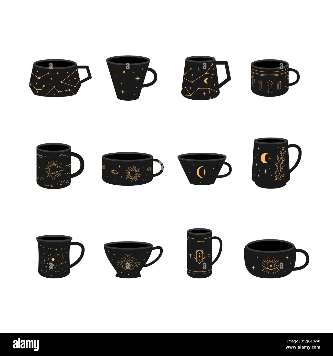 Ensemble de tasses noires avec des symboles de cosmos tarot et d'astrologie. Illustration de Vecteur