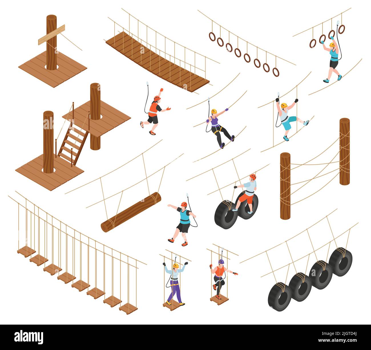 Jeu isométrique de parcage de corde d'éléments d'équipement extrêmes de sorte que les pneus de tyrolienne de marche de l'illustration vectorielle isolée Illustration de Vecteur