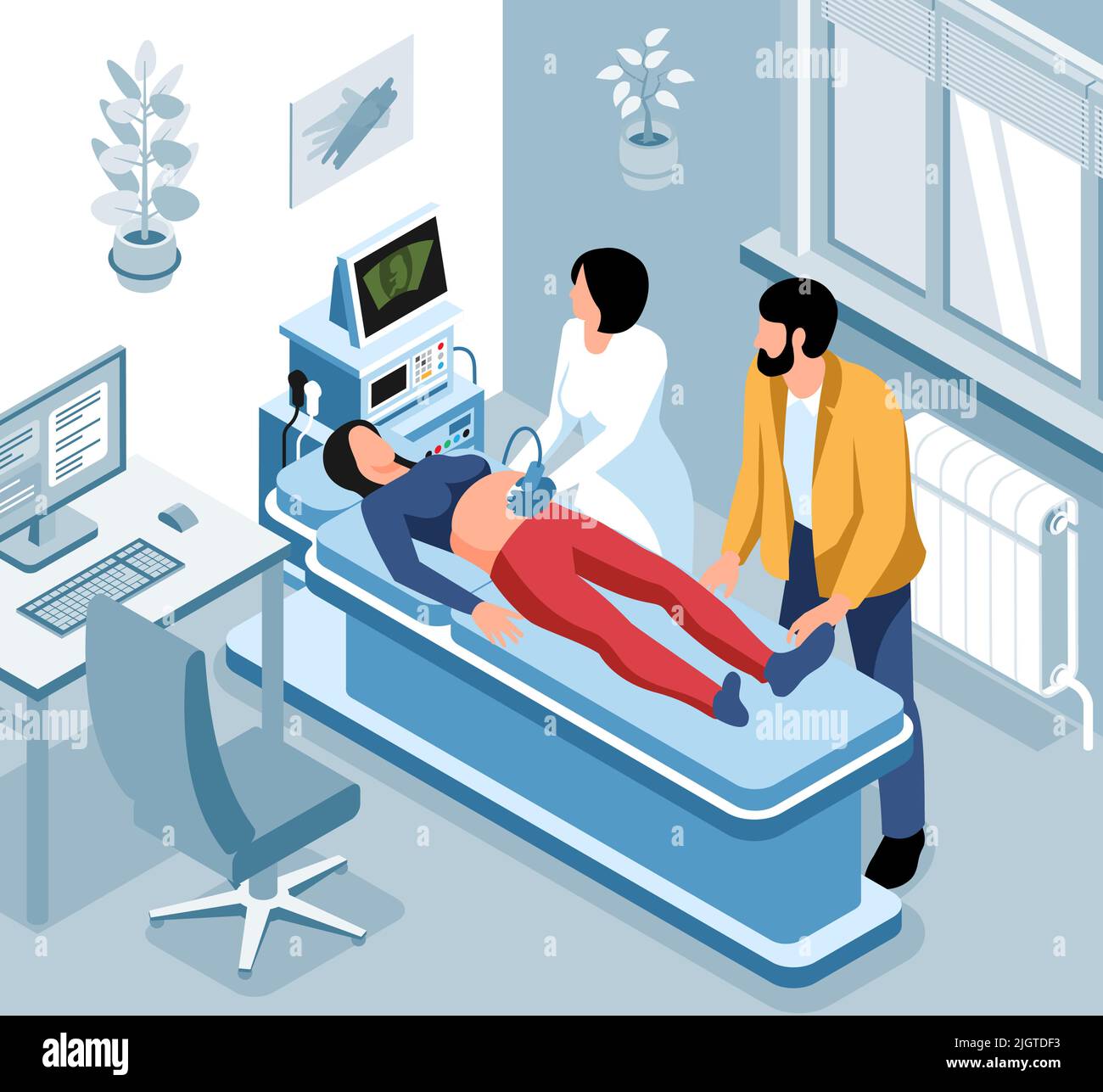 Scanner la composition diagnostique échographie abdominale chez une femme enceinte avec un homme debout à côté de l'illustration du vecteur médecin Illustration de Vecteur