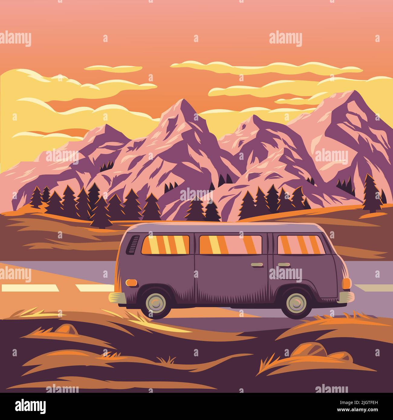 Illustration vectorielle d'un paysage de montagne avec la voiture au premier plan Banque D'Images